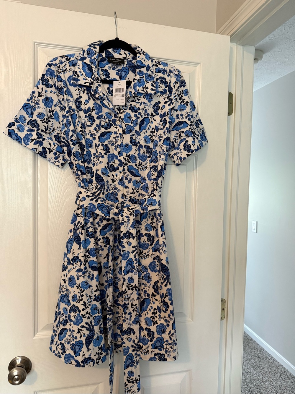 kate spade Blue and White Floral Mini Shirt Dress with Waist Tie